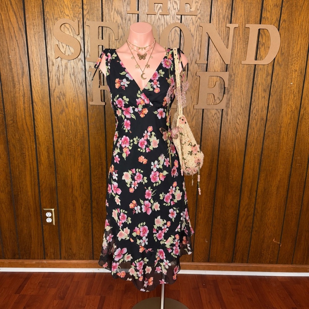 Y2K Black Floral Midi Dress New York & Company Womens 2 Fairycore Coquette Boho
